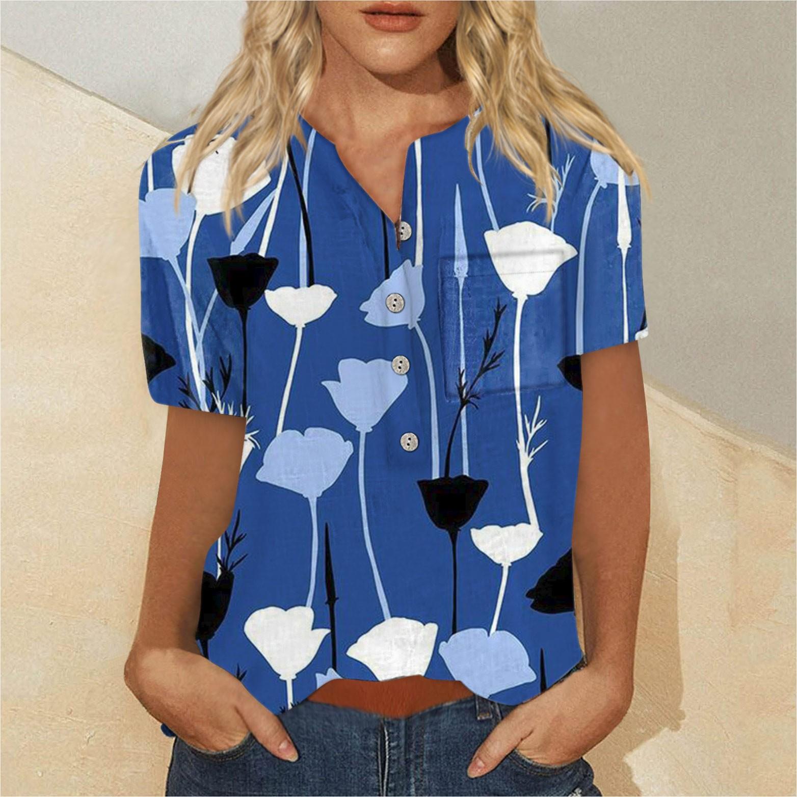 Women s Button Down Fashion Casual Vintage Print Short Sleeve Shirts Blouse XL
