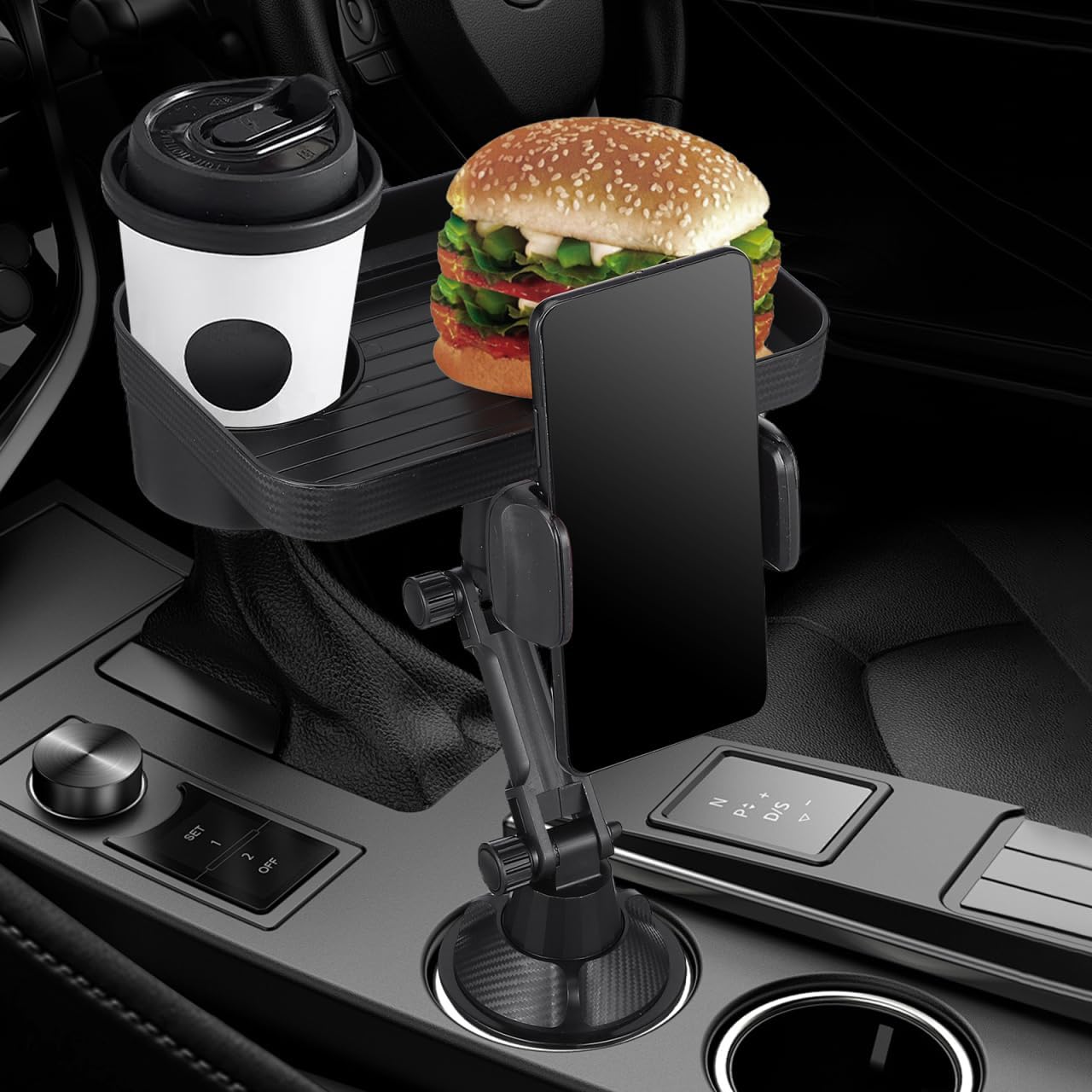 

Car Cup Holder Tray - Car Trays for Eating, 3-in-1 Adjustable Swivel CAR Food Tray, Universal Vehicle Cup Holder Expander Drink Stand for Food, Phone