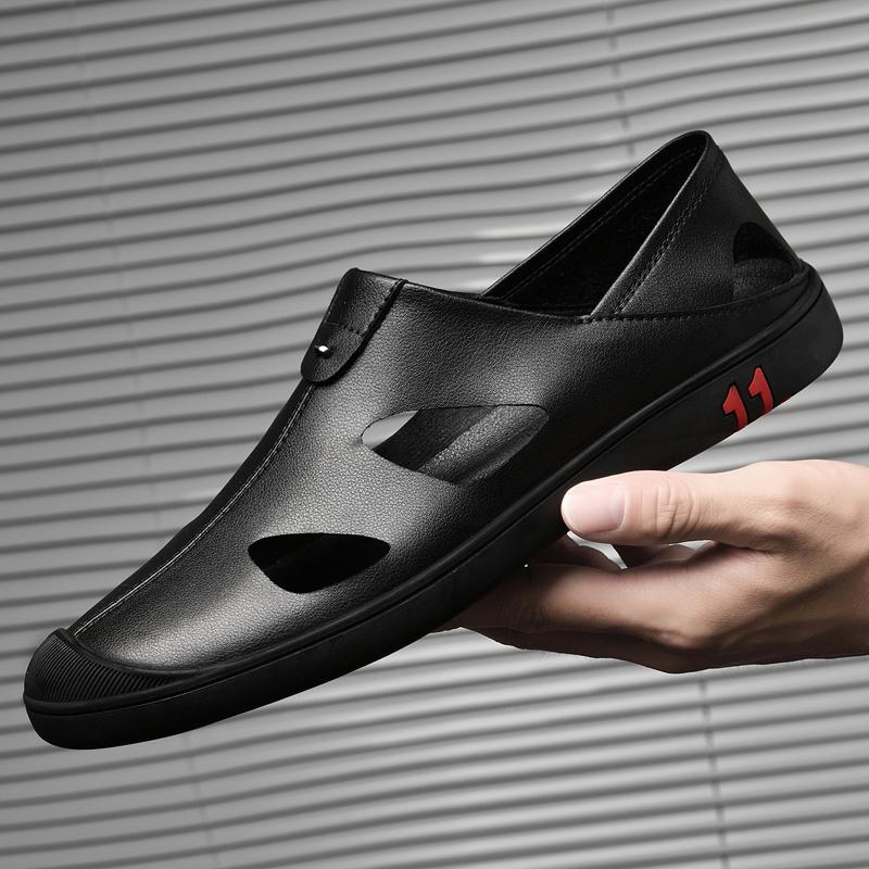 Brand Men's Fashion Cowhide Breathable Casual Headed Sandals Summer Outdoor Lightweight Hollow Soft Sole Casual Leather Shoes