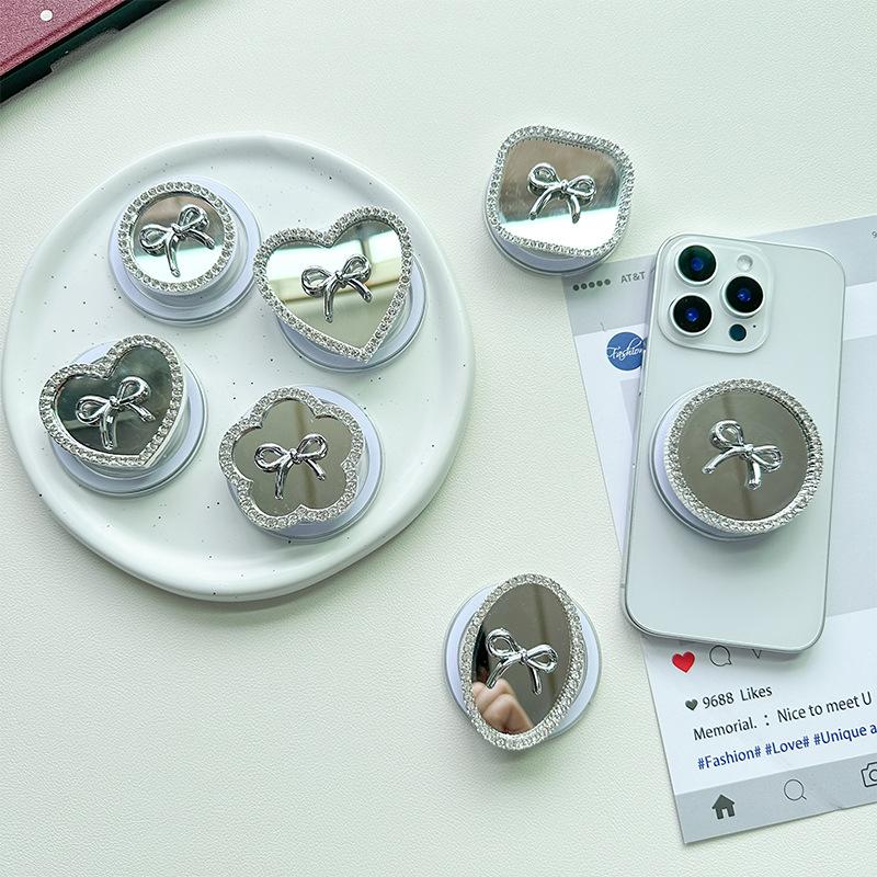 Rhinestone Bow Love Round Flower Mirror Mobile Phone Airbag Holder Magnetic Retractable Desktop Support Holder
