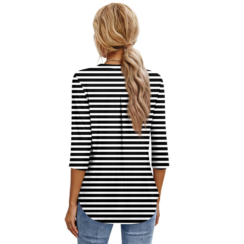 Dámské módní ležérní tričko s tříčtvrtečním rukávem, top s potiskem a výstřihem do V