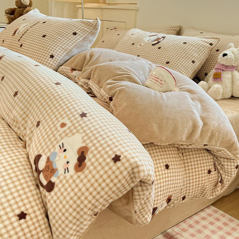 Thickened Milk Fleece Four-Piece Set, Coral Fleece Bed Sheet Quilt Cover, Fleece Three-Piece Set, Bedding.
