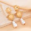 Salircon Vintage Gold Color Sunflower Pendant Earrings for Women  Luxury Imitation Pearl Earring Fashion Party Jewelry Gift