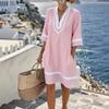 Damen gestreiftes V-Ausschnitt Midi-Kleid Kurzarm Lässig Lockerer Schnitt Sommerkleid mit Tasche