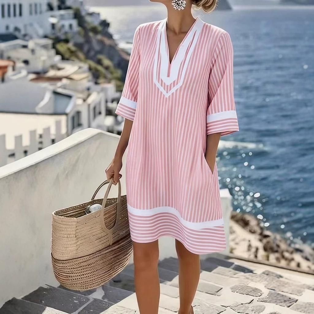 Damen gestreiftes V-Ausschnitt Midi-Kleid Kurzarm Lässig Lockerer Schnitt Sommerkleid mit Tasche