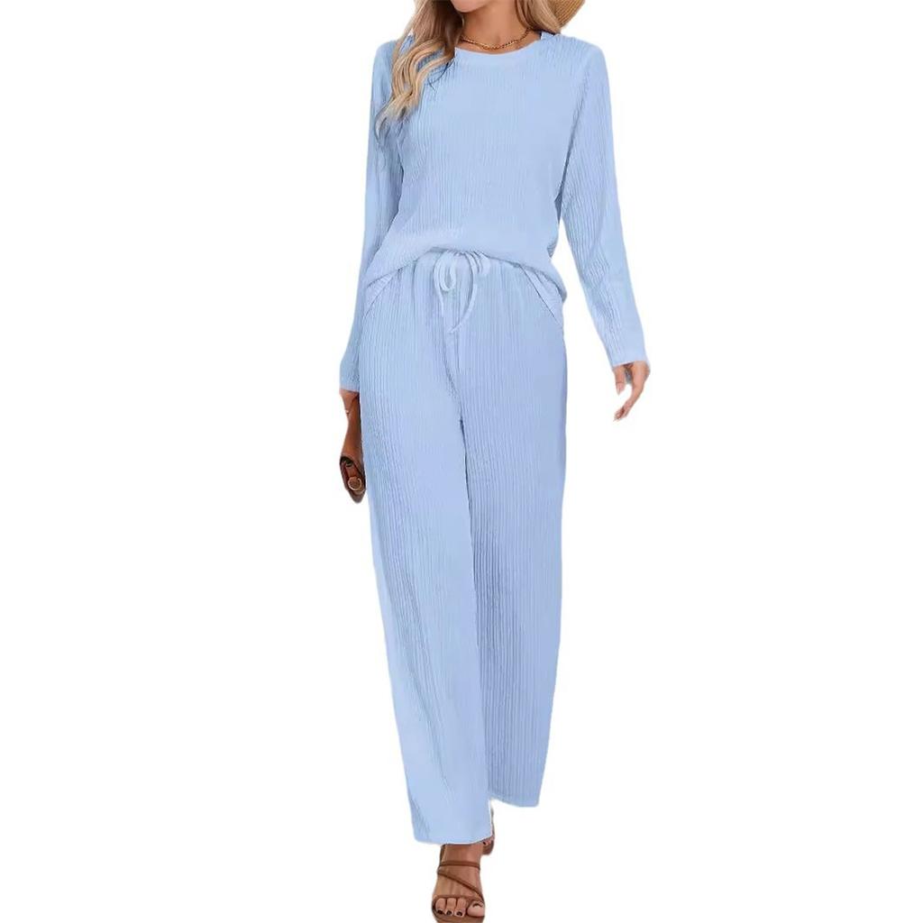 Women's Sets Casual Loose Knitted Jacquard Long-sleeved Crew Neck Top High Waist Drawstring Trousers