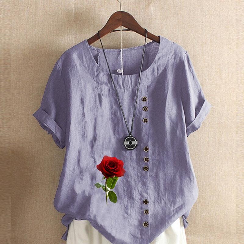 Women's New Fashion Linen Shirt Round Neck Short Sleeve Rose Printed T-shirt Summer Ladies Casual Plus Size Blouse Tops