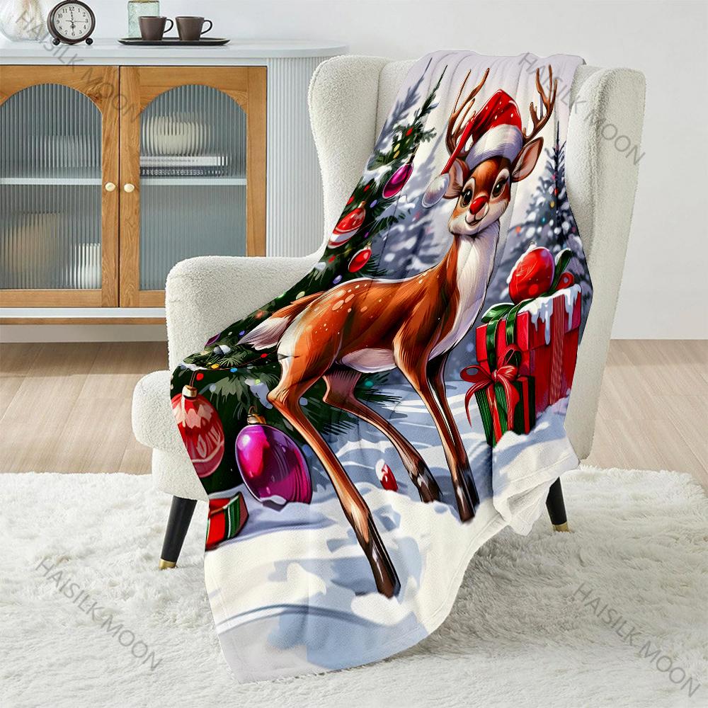 

Christmas-themed Deer and Decor Pattern Blanket Flannel Material Soft Warm for All Seasons Home Outdoor Camping Picnics RV 75x90cm