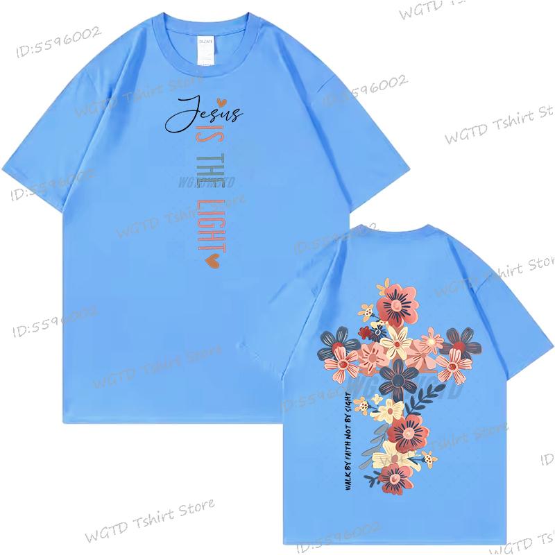 Jesus Is The Light Christian T Shirt Inspirational Floral Cross Vintage T Shirts Women Gift for Christian Religious T Shirts