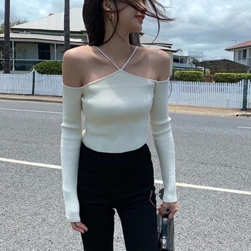 

Свитер Mujer 2022, сексуальный тонкий вязаный свитер с открытыми плечами, осенний женский винтажный белый черный топ с длинными рукавами 21626 OneSize белый