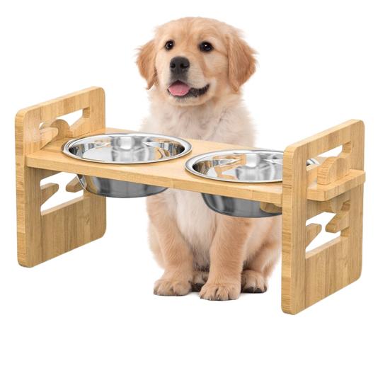 Elevated Pet Bowl Stand with Tilted Platform Adjustable Raised Wood Feeder with 2 Stainless Steel Bowls Non-Slip Dog Food Bowls for Cats Dogs