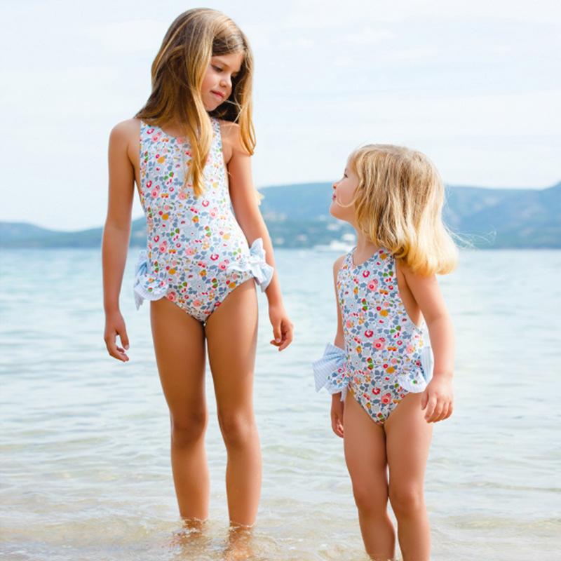 Summer Girls' One-Piece Swimsuit: Cute Blue and Pink Print