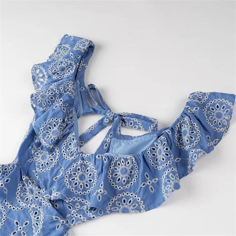 Summer New Women's European and American Style Heavy Industry Cotton Embroidery Stacked Decorative Blue Hollow Out Sexy Sweet Dress