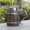 Rustic Wood Grain Beer Cup Barrel Mug, 600ml Stainless Steel Liner Stein, Insulated Mug Tankard for Pub Home Bar Party Gift