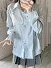 Women's Summer 2026 Bow Print Long Sleeve Light Blue Striped Sun Protection Shirt