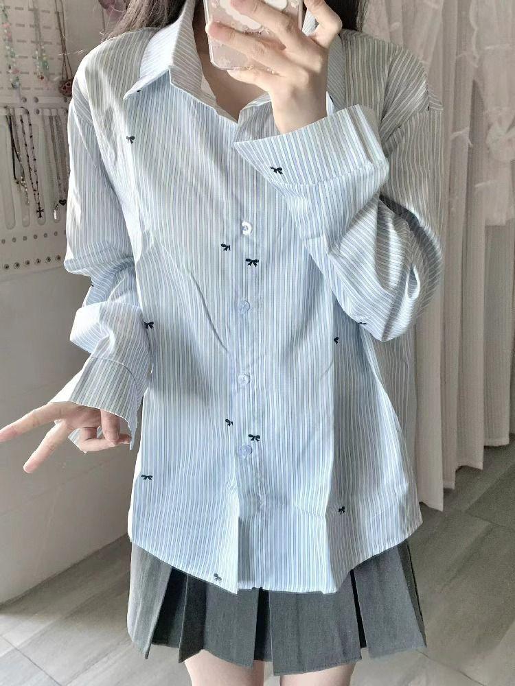 Women's Summer 2026 Bow Print Long Sleeve Light Blue Striped Sun Protection Shirt