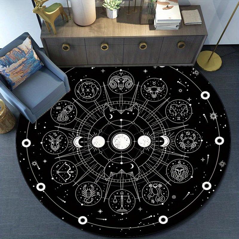 1pc Mystical Moon Phases and Zodiac Constellations Round Rug - Soft Polyester Non-Slip Floor Mat for Living Room, Bedroom