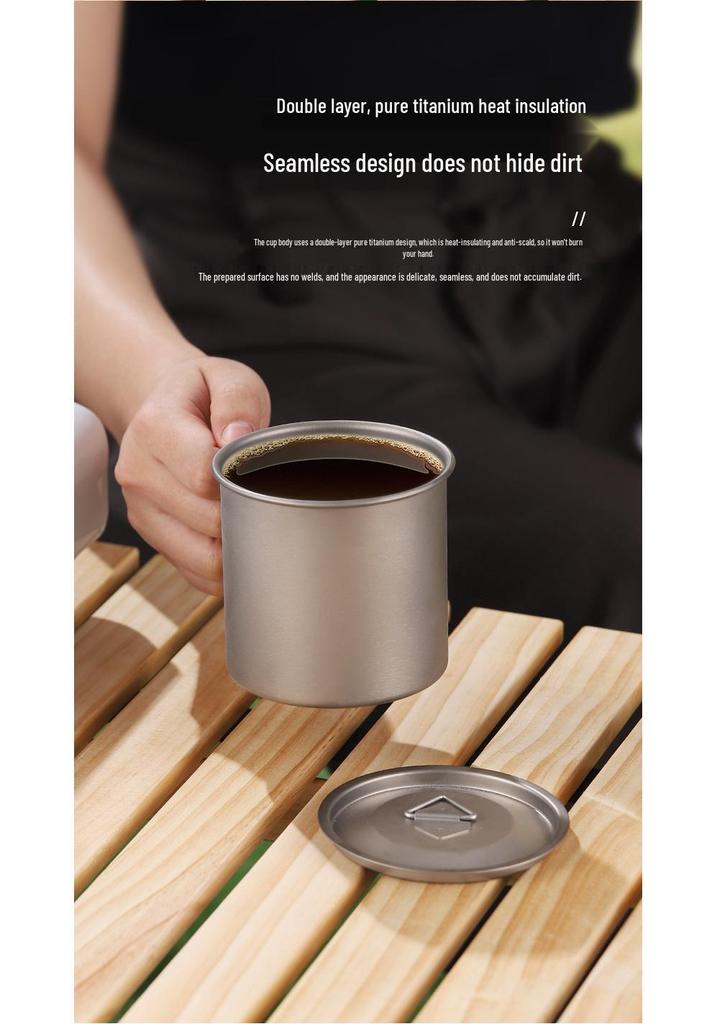 Pure Titanium Double-Layer Camping Mug with Foldable Handle and Lid