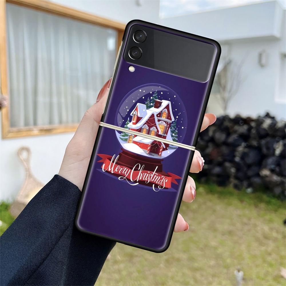 Luxury Case For Samsung Galaxy Z Flip 4 3 5G Black PC Hard Phone Cases Fashion Back Cover ZFlip Funda Merry Christmas Shell Capa