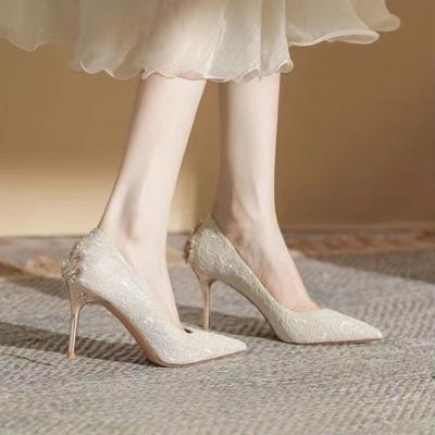 Women's White Wedding High Heel Shoes Elegant Fad Designer Pointed Tip Fine High Heels Womens High Quality Banquet Pumps Tacones