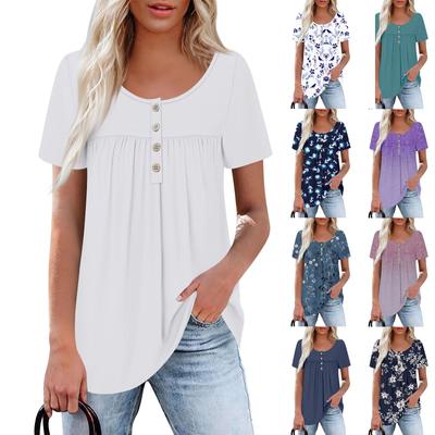 Women's Casual Round Neck Short Sleeve Button Down Collar Chest Ruffle Solid Color Top