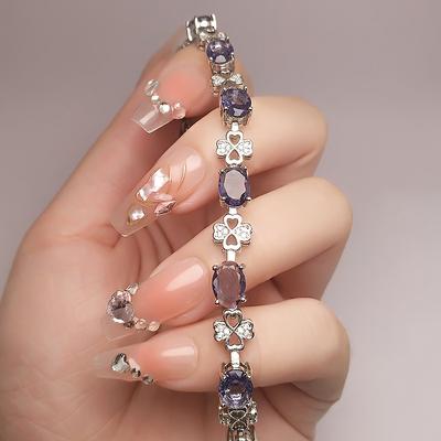 Pulseira de Trevo de Quatro Folhas de Amethysto Sintético Pulseira Tesouro Azul Tanzanita Banhada a Platina Feminina.