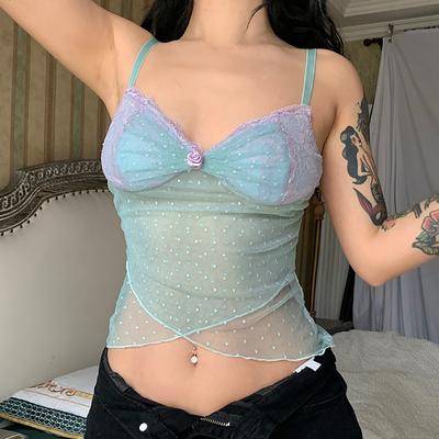Sheer Mesh Polka Dot Camis Women's Contrast Color Sexy Floral Sling Camisole Female Elegant Tank Tops Streetwear Basic Crop Tops