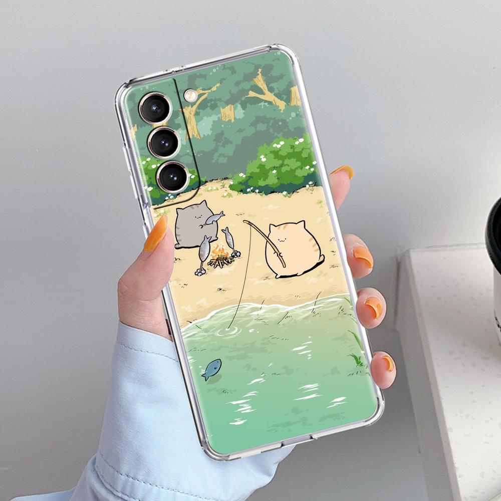 Phone Case For Samsung Galaxy S26 S25 S24 S23 S22 Ultra S20 S21 FE 5G Plus Soft Clear Cover Cat Fishing