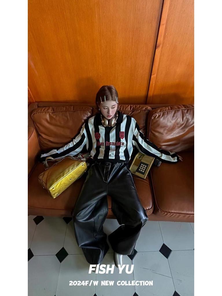 2025 Spring/Autumn Retro Jersey Vertical Stripe Letter Print Polo Collar Sweatshirt for Women