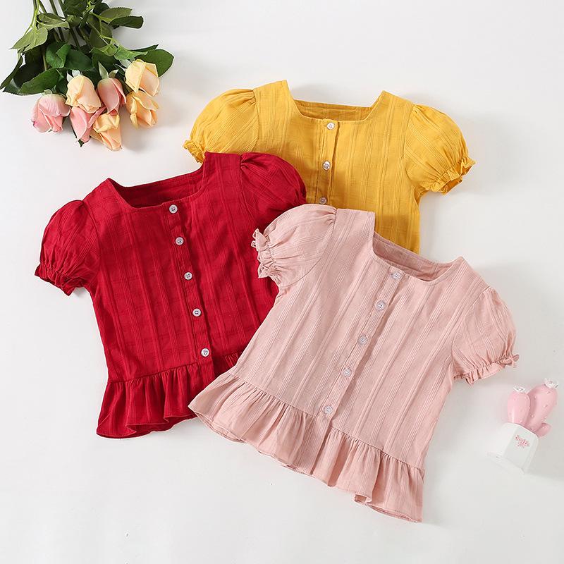 Girls Summer Jacquard Blouse Stylish Baby Doll Shirt Short Sleeve Top For 2-7 Years Old Kids