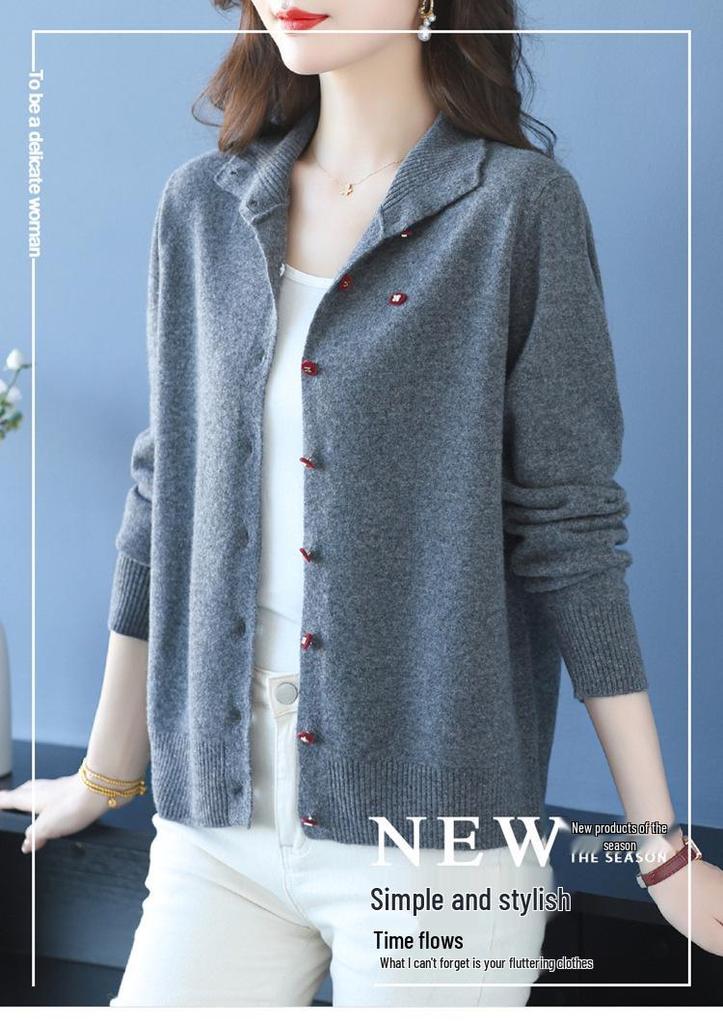 Puyuan Women's Pure Wool Lapel Knit Cardigan - Autumn/Winter Loose Fit Sweater Coat, Warm Slimming Style for Moms