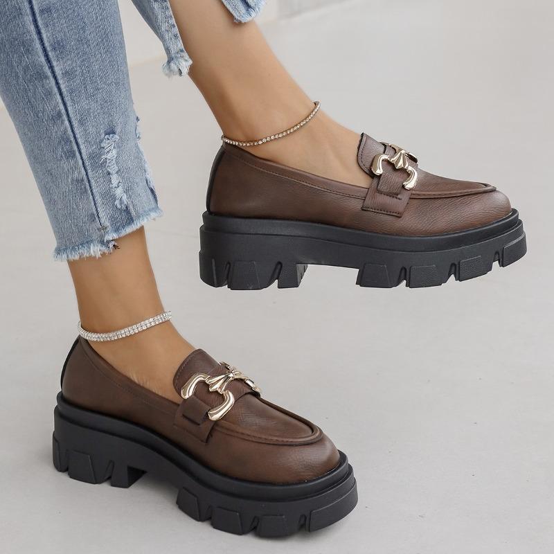 Fashion Women's Thick Soled Single Shoes Autumn New Round Head Deep Mouth Metal Buckle Non-slip Low-top Shoes