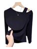 Women's Autumn Plus-Size Off-Shoulder Long-Sleeve Black Slimming Cotton T-Shirt