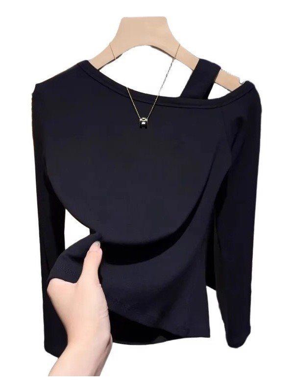 Women's Autumn Plus-Size Off-Shoulder Long-Sleeve Black Slimming Cotton T-Shirt