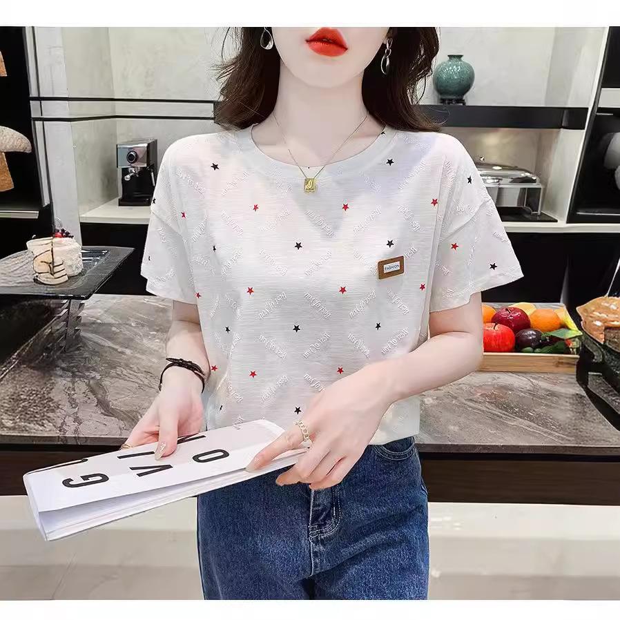 Fashion Summer Short Sleeve Star Printed Women Cotton T Shirt Blouse Top