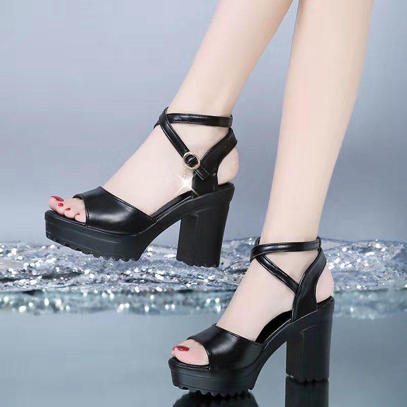 2025 Summer New Korean Version of Fish Mouth Versatile Waterproof Table High Heel Sandals Women's One-word Buckle Thin Heel Fashion Women's Shoes