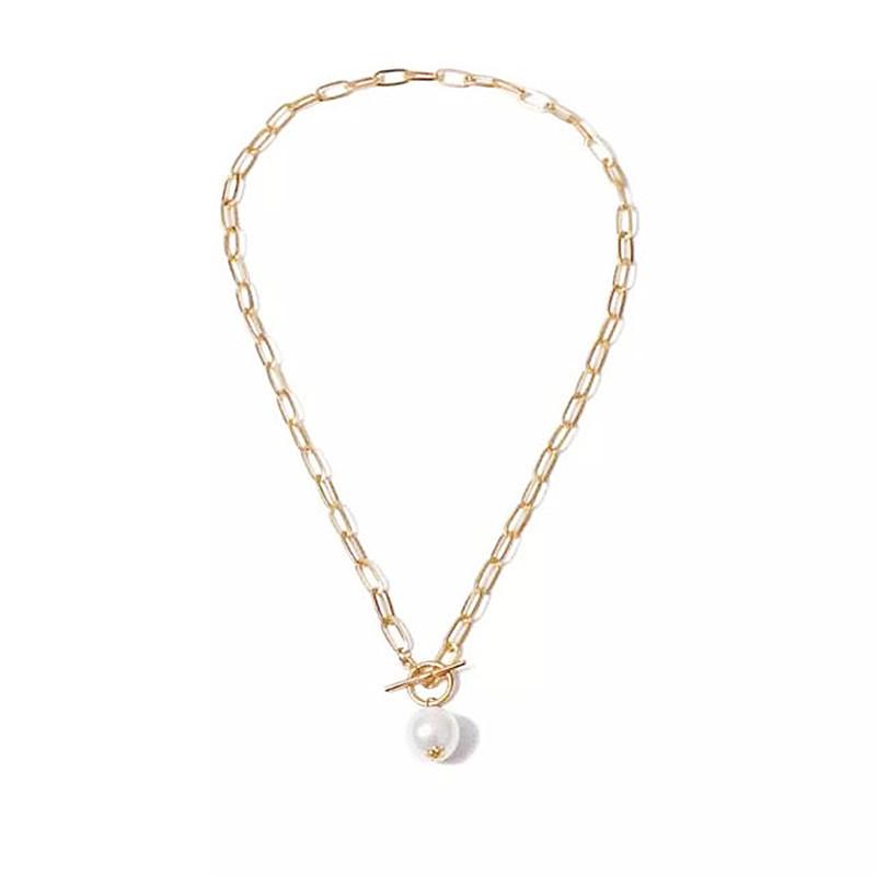 Fashion retro metal chain long sweater chain women, creative OT buckle pearl pendant necklace