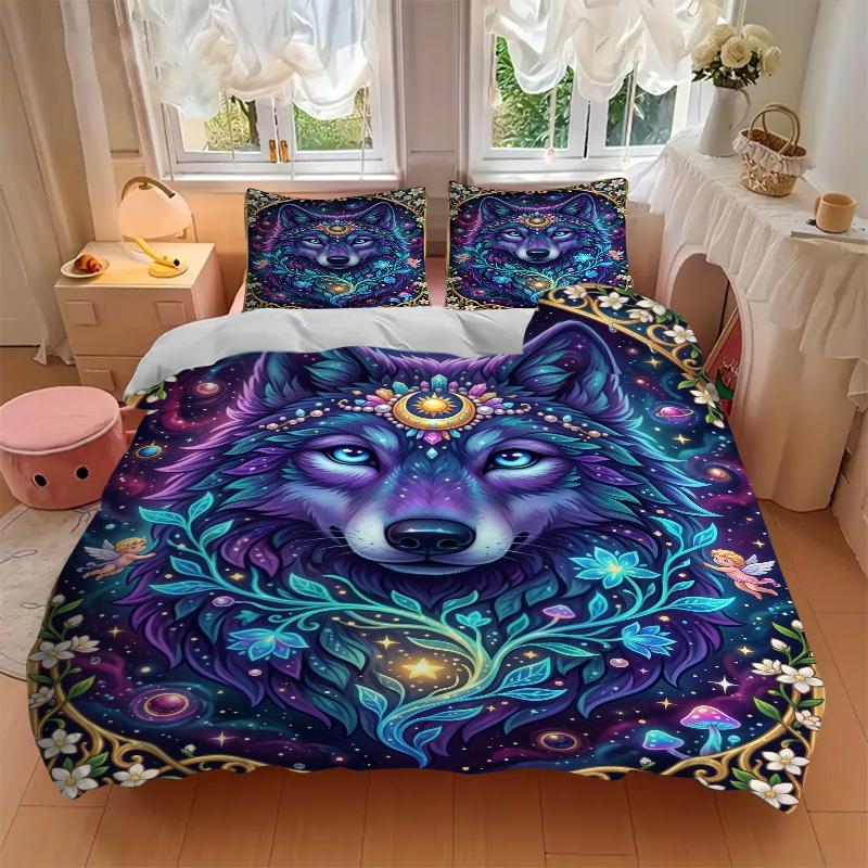 3Pcs Wolf Spirit Fantasy Bedding Set Soft Fabric Duvet Cover Pillowcases Home Christmas Xmas Halloween Gift 1 Duvet Cover 2 Pillowcase G185