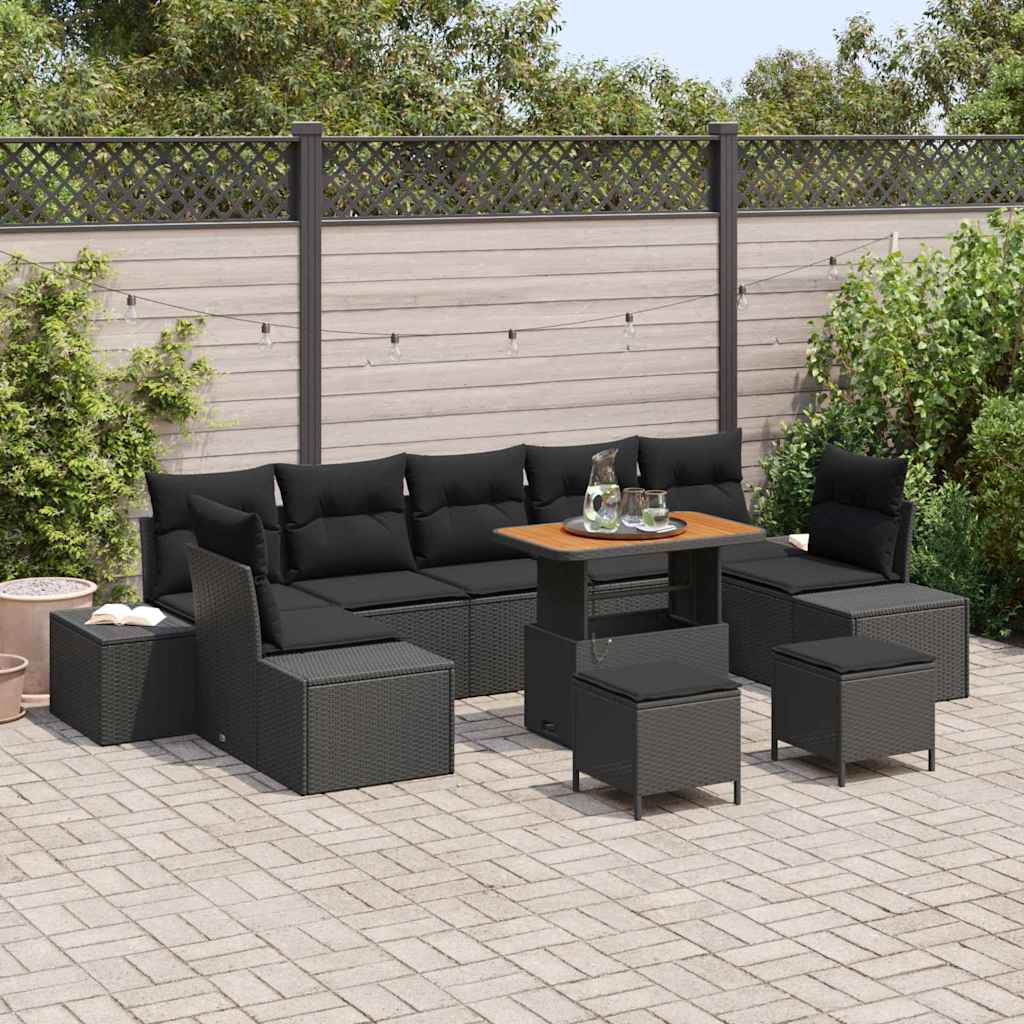 Garden Sofa Set with Cushions 10 pcs Black Poly Rattan
