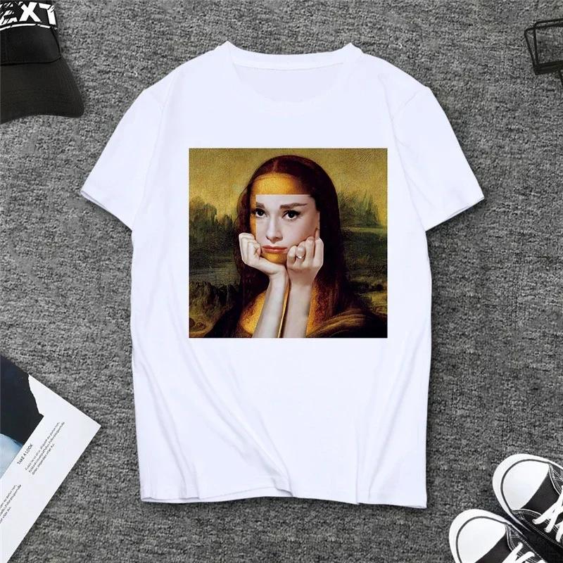 Verão Paródia Mona Lisa Bebendo Cerveja Estampa Camisetas Mulheres Estética Engraçado Casual Mangas Curtas Tops Feminino Mangas Harajuku