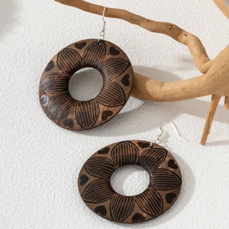 Винтажный Дизайн Кольцо Серьги Стильная Деревянная Текстура Геометрические Круги Универсальные Вечерние Серьги Подарок
