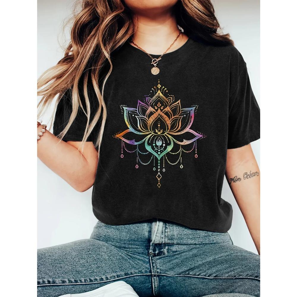 Black Short Sleeve T shirt Colorful Unisexdala Lotus Print Bohemian Stylish