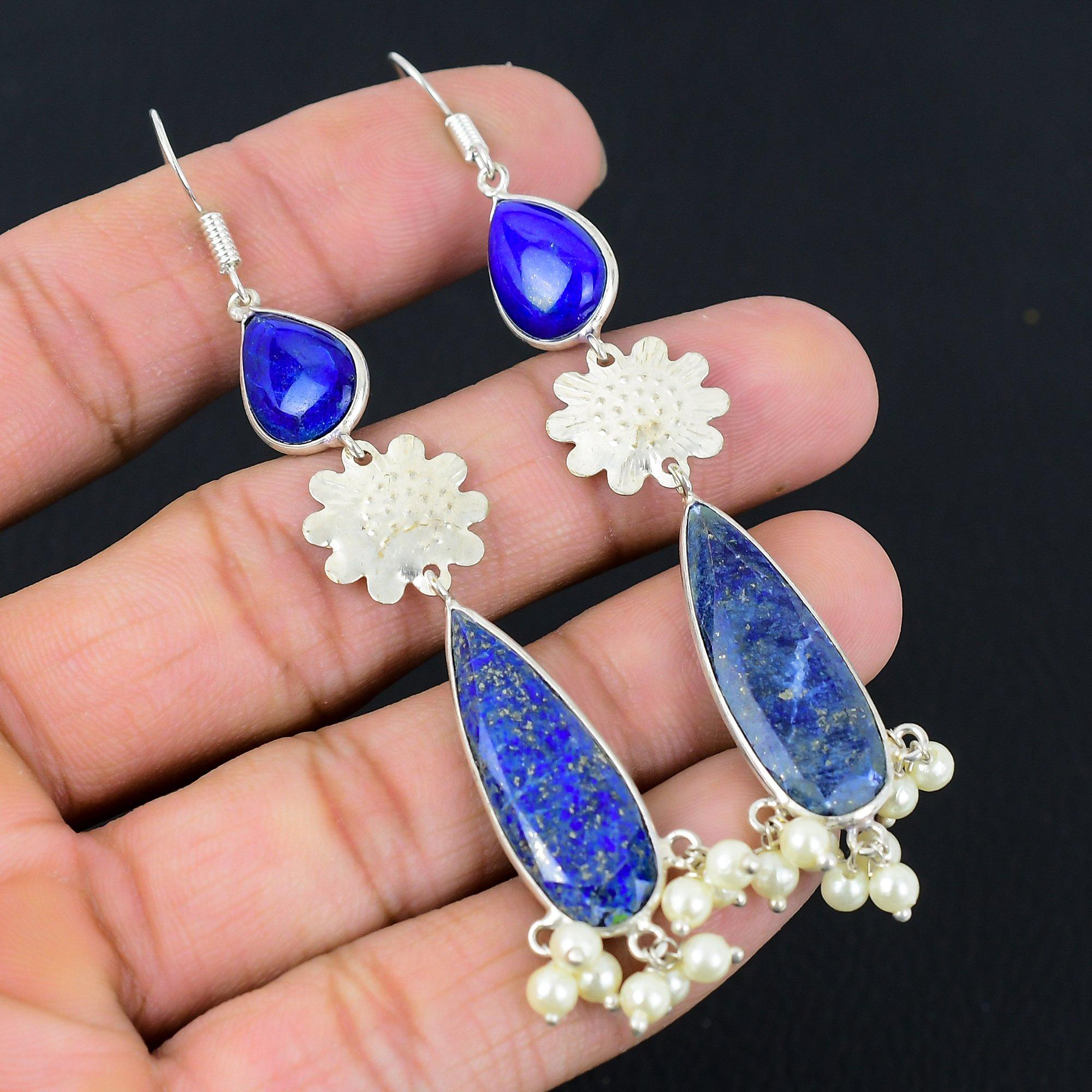 

Sterling Silver Pear Natural Lapis Lazuli New Handmade Dangle Earrings Jewelry