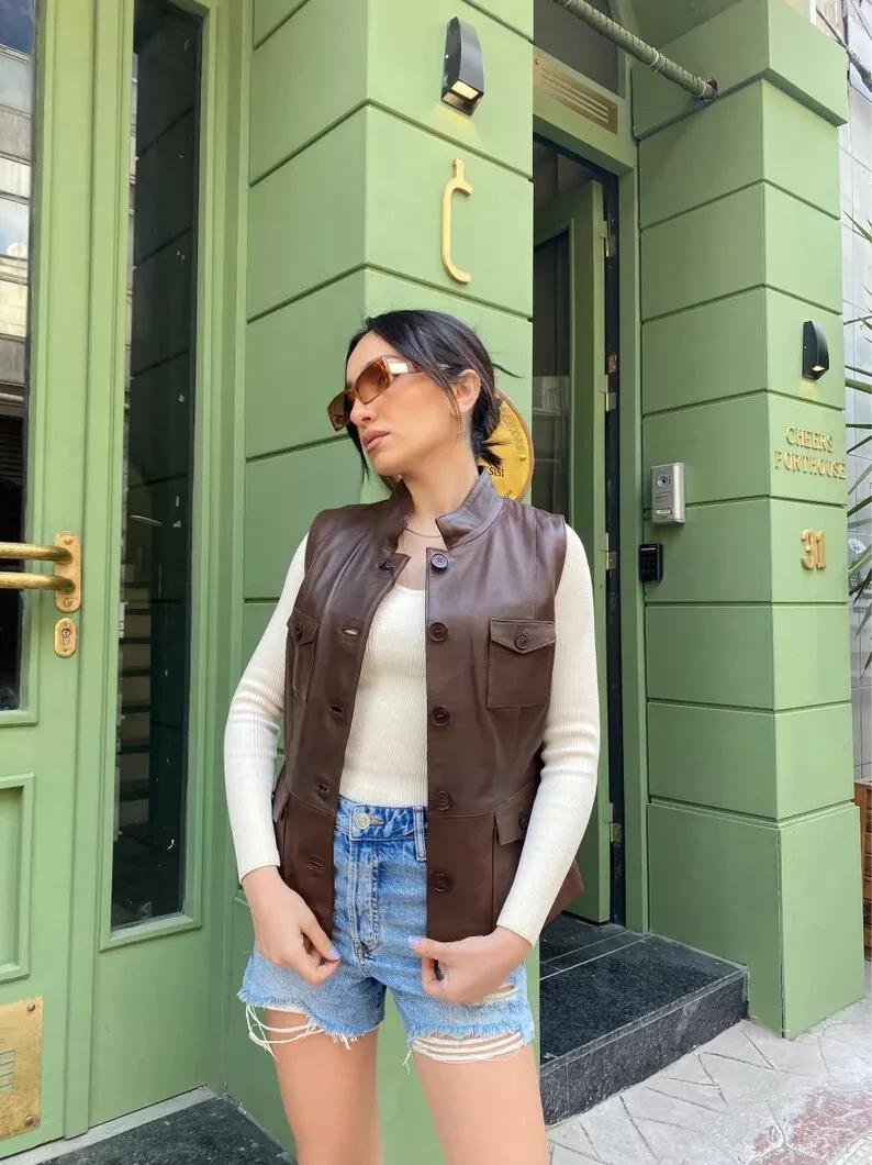 

AL KHALID Байкер Стильный вестерн пуговицы пояс пальто Женский жилет пальто коричневый кожа овчина 3XL коричневый