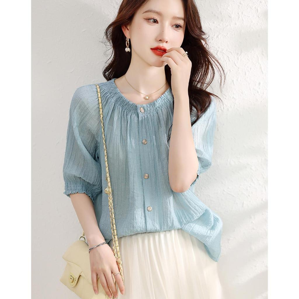 Sommer Neues, modisches, vielseitiges Seersucker-Hemd mit Laternenärmeln und luftigem Gefühl, das das Pendeln erleichtert, das Alter reduziert und vielseitig ist