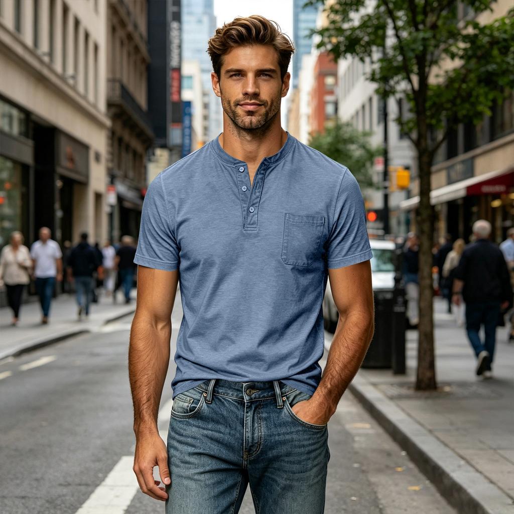Men's Cotton Short Sleeve Henley Shirt Large Size Casual Pocket T-Shirt Lightweight Breathable Summer Top