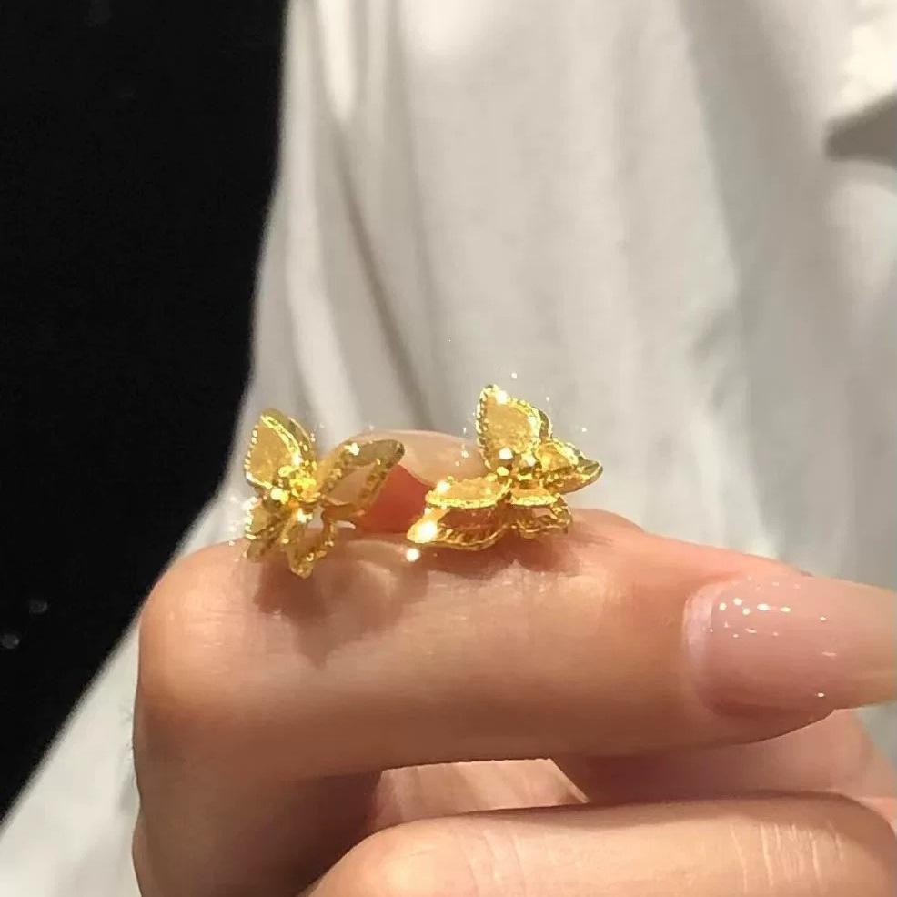 New Chinese-style Mirror Flower Butterfly Dream Flash Double-layer Butterfly Stud Earrings Women's Gold Exquisite Small Earrings Temperament Earrings
