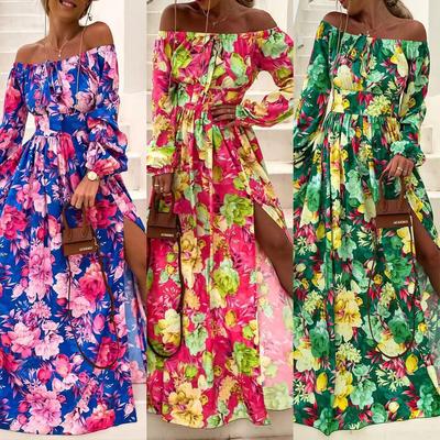 Summer New European and American Bohemian Vacation Style One-word Collar Big Swing Dress Sexy Print Dress
