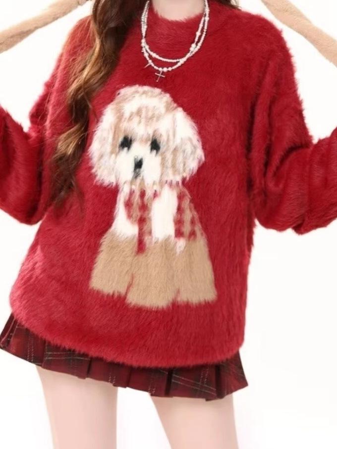 Maglione Pullover in Mohair con Cucciolo Cartone Animato per Donna - Morbido Top a Maglia in Cashmere, Velluto di Visone, Stile Pigro Autunno/Inverno.