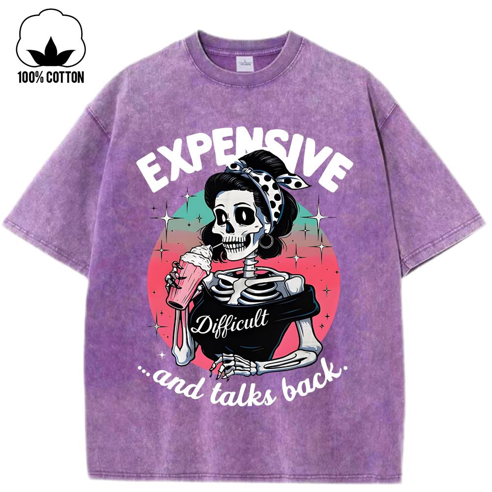 Expensive Talks Back Iced Drink Skulls Print Women Washed Holes T-Shirt Summer T Shirt Casual Clothes Y2K Cotton Tops